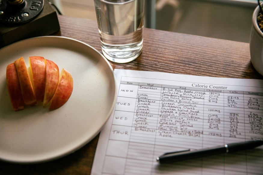 apple in plate next to cal counter